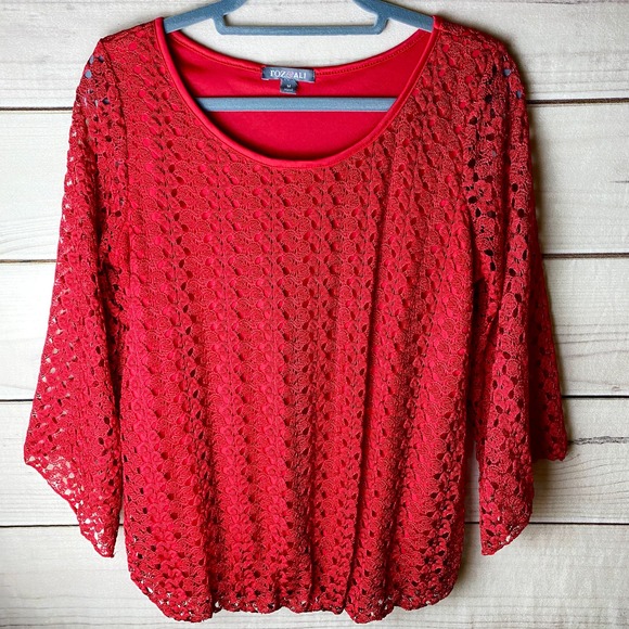 ROZ & ALI Women's Crochet Lace Top 3/4 Bell Sleeve Red-Medium - Picture 1 of 7